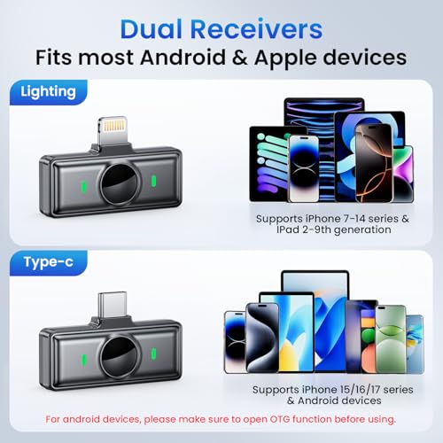 Leettus 2pcs Dual Receivers Mini Microphone iPhone iPad Android Video Recording,Lavalier Wireless (2)