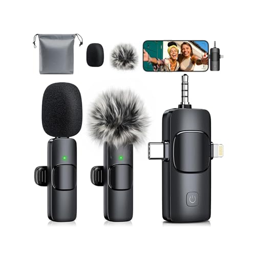 MENERESAS 3-in-1 Mini Microphone iPhone: Wireless Lavalier 80ft Range 15H Battery Noise