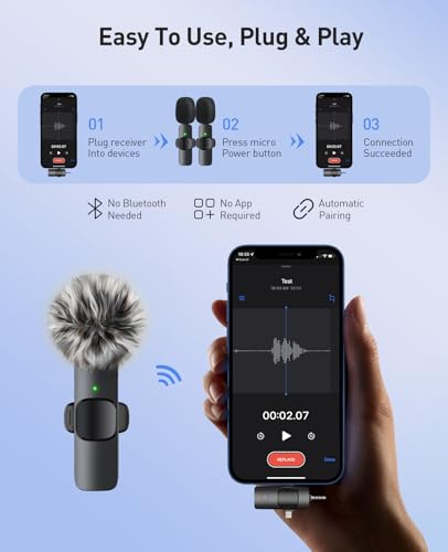 MENERESAS 3-in-1 Mini Microphone iPhone: Wireless Lavalier 80ft Range 15H Battery Noise (2)