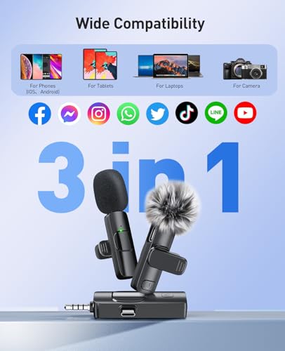 MENERESAS 3-in-1 Mini Microphone iPhone: Wireless Lavalier 80ft Range 15H Battery Noise (5)