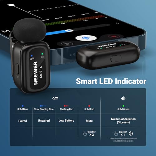 NEEWER KM19 Lightweight Wireless Lapel Microphone, 48kHz/24bit 30H Battery 3-Level 100m Compatible (6)