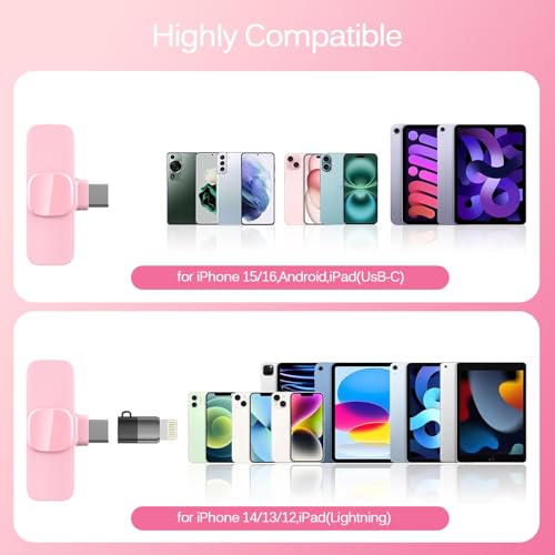 Pink Wireless Lavalier Microphone iPhone & Android - Mini Clip-On Mic Noise Cancellation, 65ft 8H (2)