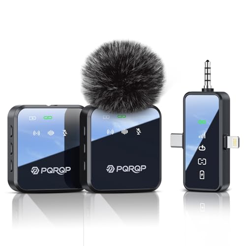 PQRQP 3 1 Microphone iPhone/Android/Camera, Wireless Microphones, 328ft Transmission, 18H Battery