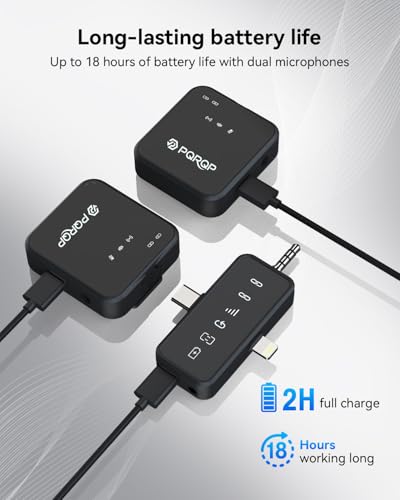 PQRQP 3 1 Microphone iPhone/Android/Camera, Wireless Microphones, 328ft Transmission, 18H Battery (4)