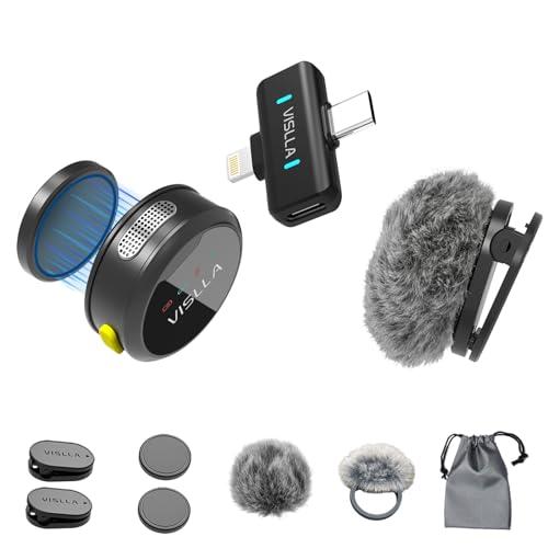 Vislla Mini Microphone iPhone & Android, Furry Windscreen, Noise Cancelling Wireless Lavalier