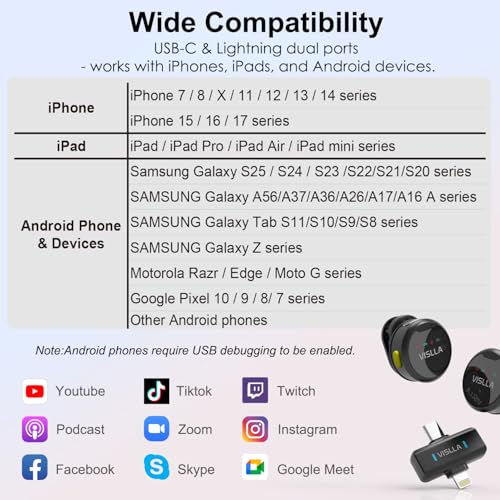 Vislla Mini Microphone iPhone, iPad Android,12H Battery, Noise Reduction Wireless Lavalier (4)