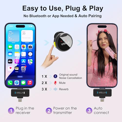 Vislla Mini Microphone iPhone, iPad Android,12H Battery, Noise Reduction Wireless Lavalier (5)