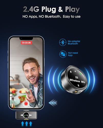 Wireless Lavalier Microphone iPhone/Android, Lapel Mics USB-C Plug-Play, Mini Mic 2.4GHz Noise (4)
