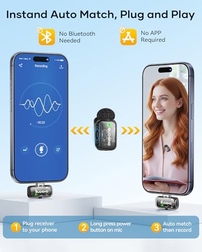 Wireless Mini Lavalier Microphones iPhone iPad Android Charging Case, USB C Lapel Mic Noise (2)