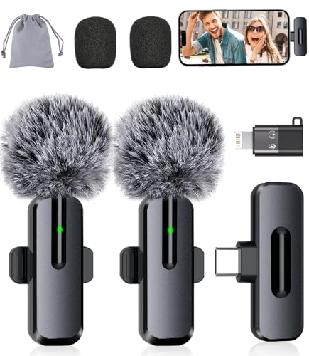 Wireless Mini Microphone iPhone, Android - 2 Pack Lavalier Video Recording, 1 Noise