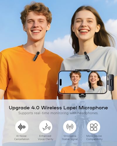 Wireless Mini Microphone iPhone, Android - 2 Pack Lavalier Video Recording, 1 Noise (2)