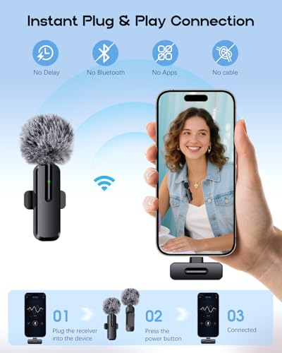 Wireless Mini Microphone iPhone, Android - 2 Pack Lavalier Video Recording, 1 Noise (6)