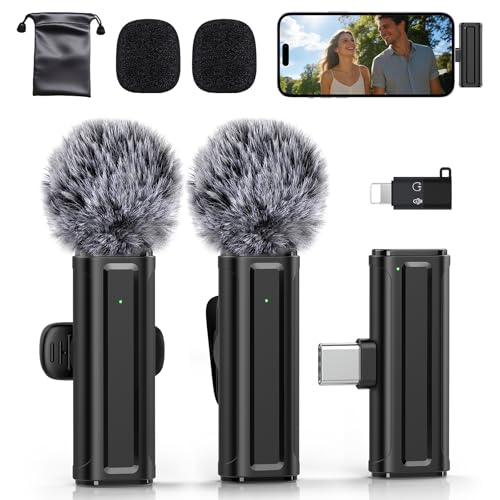 Wireless Mini Microphone iPhone, iPad, Android, 2 Pack Lavalier Mic 360° Rotatable Clip, Plug Play