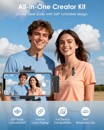 Wireless Mini Microphone iPhone, iPad, Android, 2 Pack Lavalier Mic 360° Rotatable Clip, Plug Play (2)