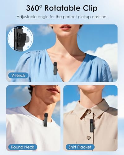 Wireless Mini Microphone iPhone, iPad, Android, 2 Pack Lavalier Mic 360° Rotatable Clip, Plug Play (4)
